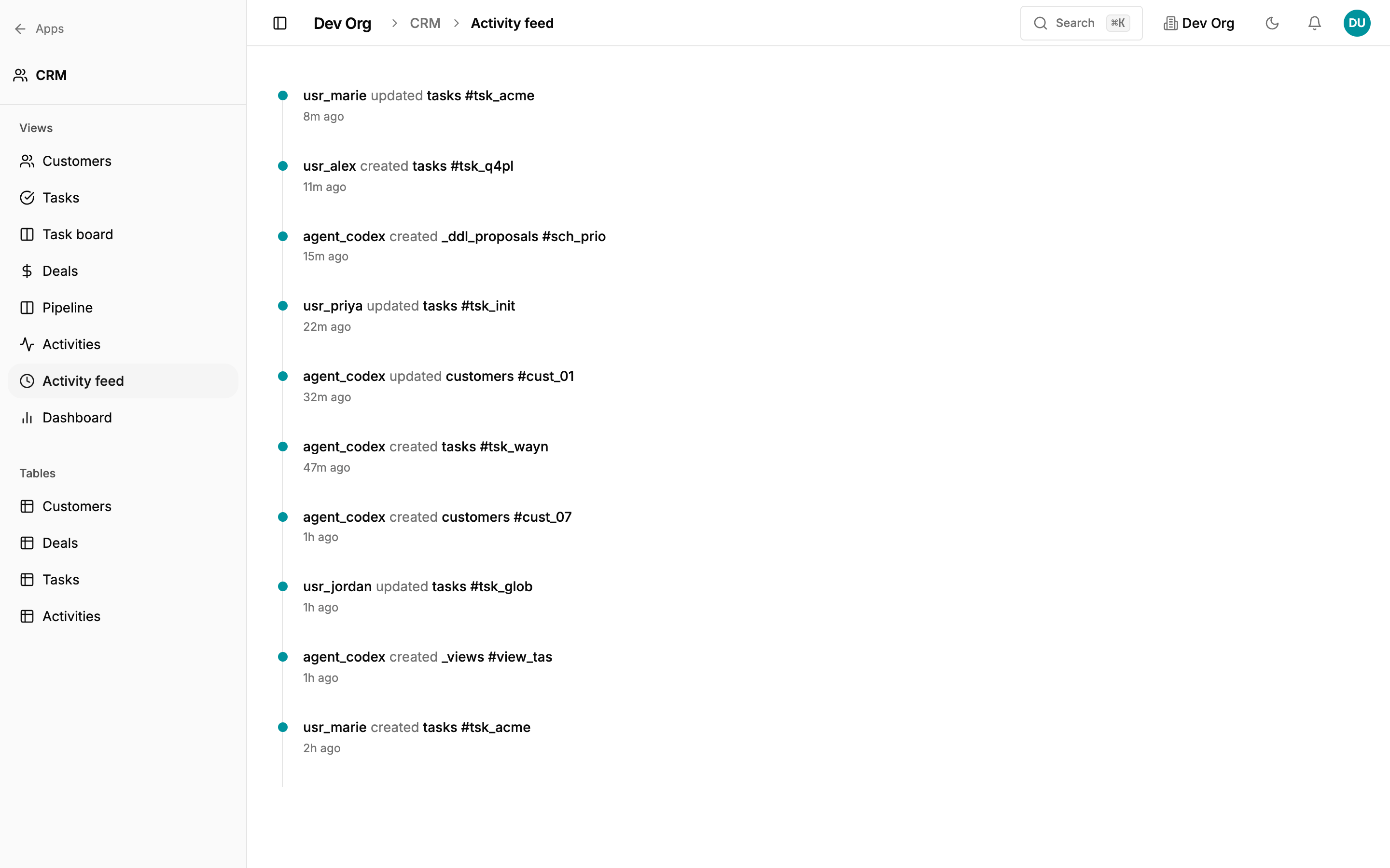 A chronological activity feed showing recent events from agents and humans on shared tables.