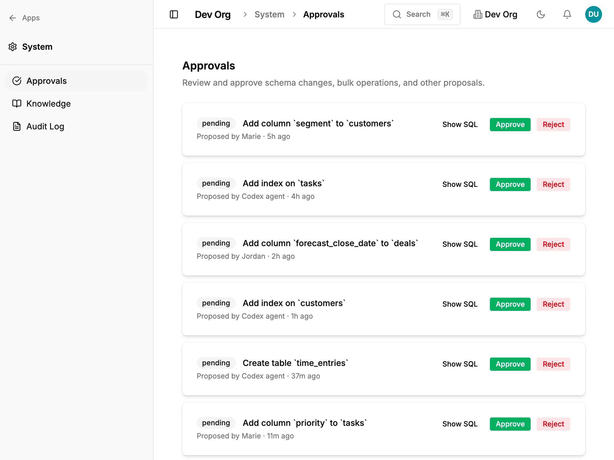 The human approvals queue showing the pending schema proposal: diff, agent attribution, approve or reject.