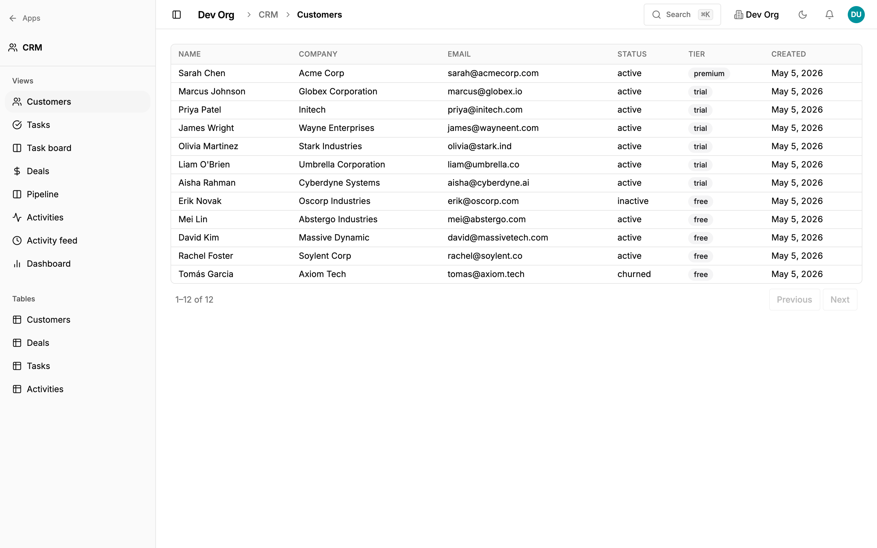 The Customers table rendered as a native Canonify app, showing rows the agent inserted with the new tier column.