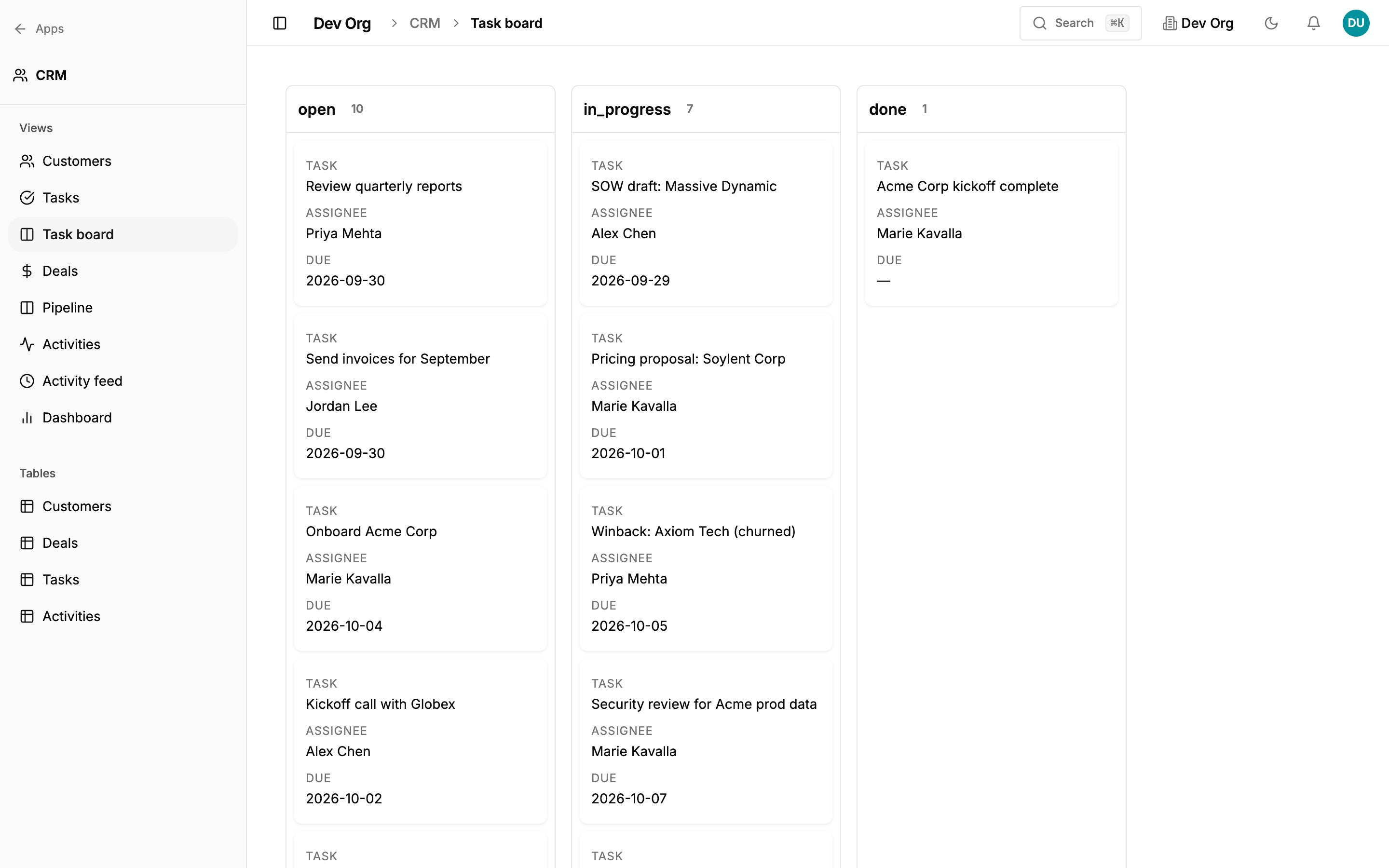 The same tasks reshaped as a kanban board, grouped by status, defined by a JSON spec rather than code.